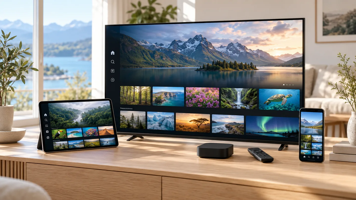 Television, tablet and phone showing illustrative streaming menus beside a streaming box