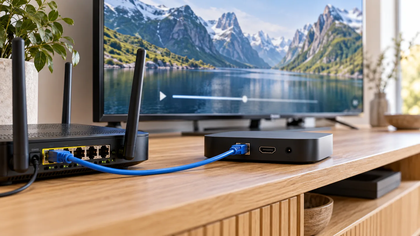 Ethernet cable connecting a home router and streaming box beside a television