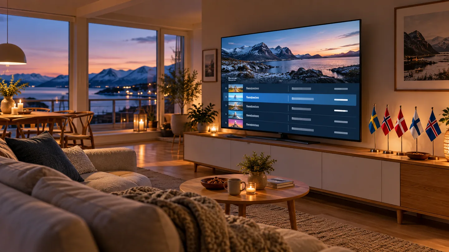 Television programme guide beside flags of Sweden, Norway, Denmark, Finland and Iceland