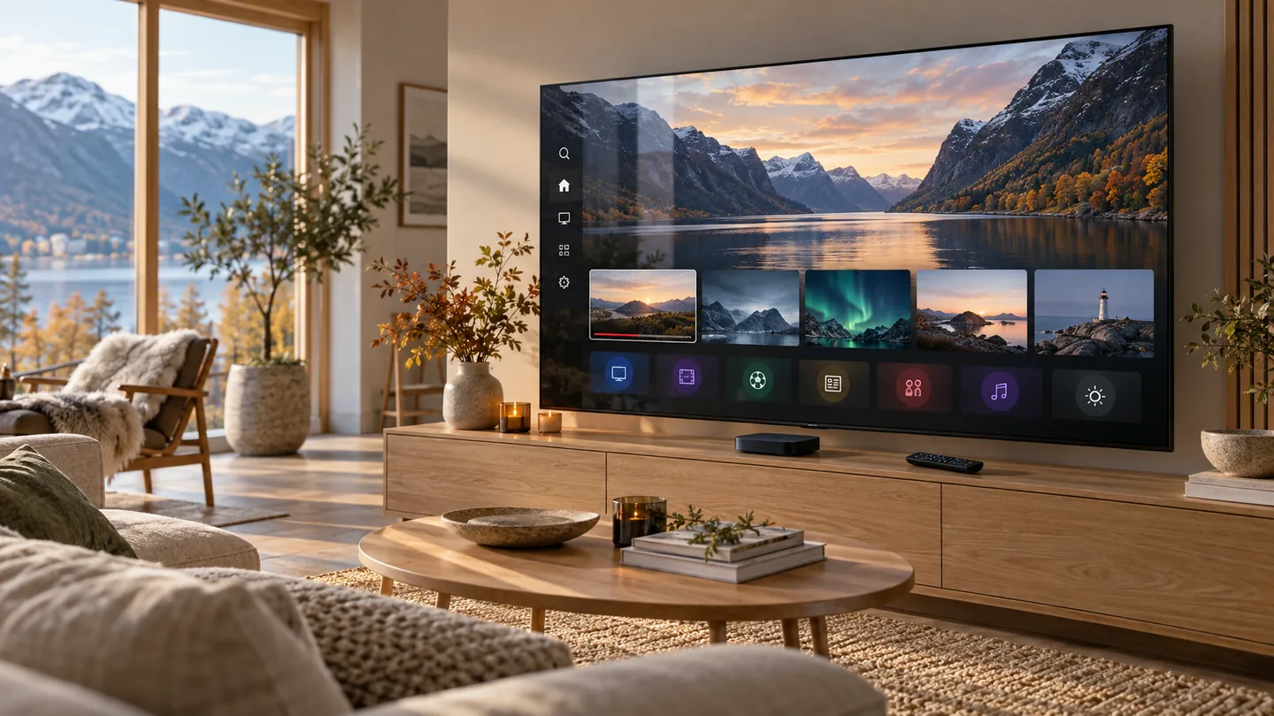 Smart television with a streaming interface and fjord scenery in a Nordic living room