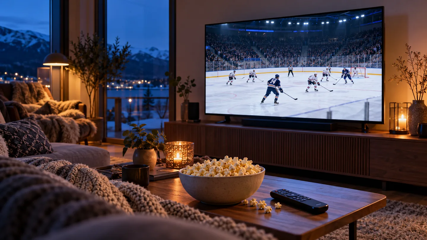 Illustrative ice hockey broadcast on a television in a cosy Nordic living room
